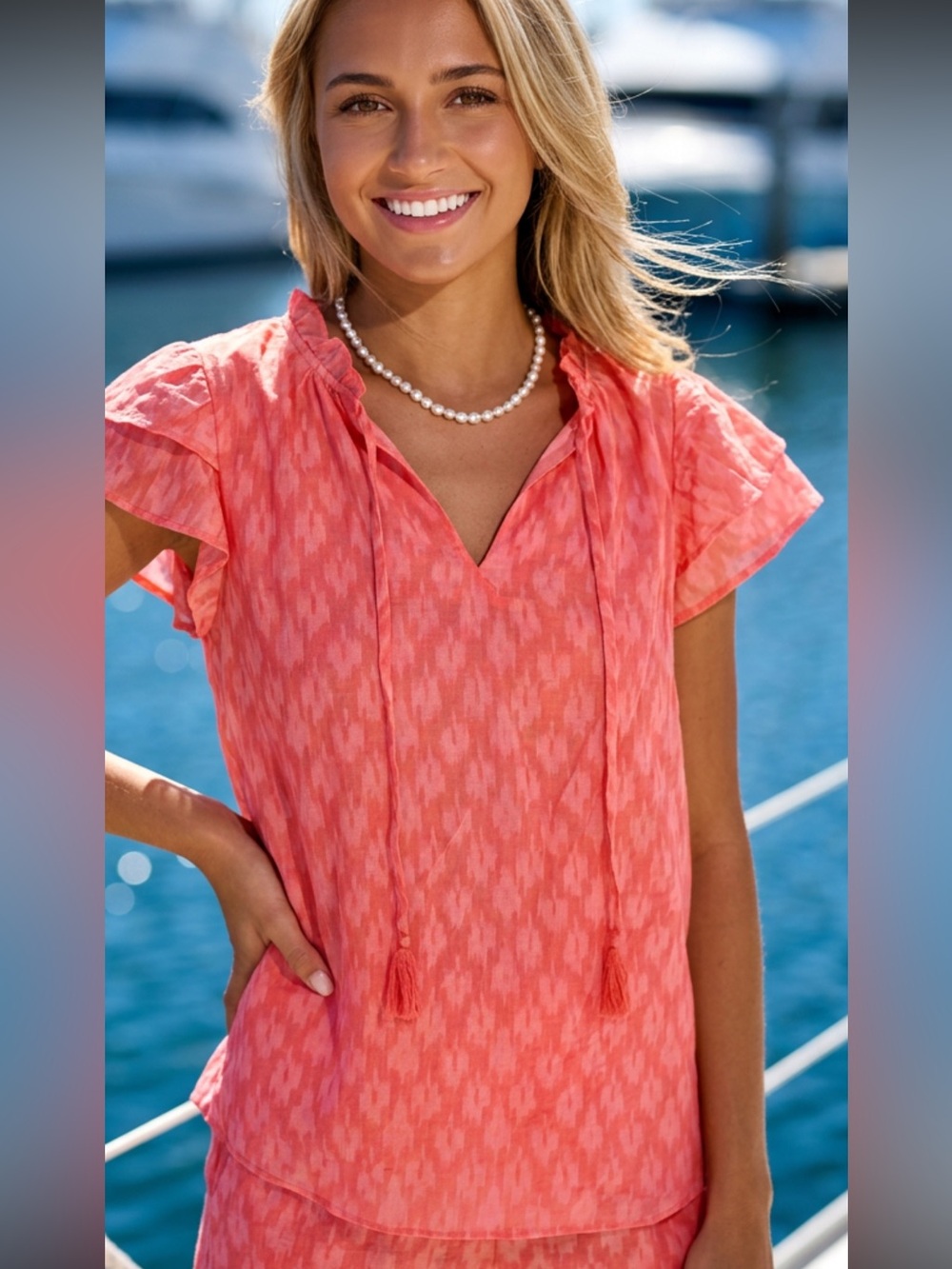 Women’s Coral Tie-Front Short Sleeve Cover-Up Top